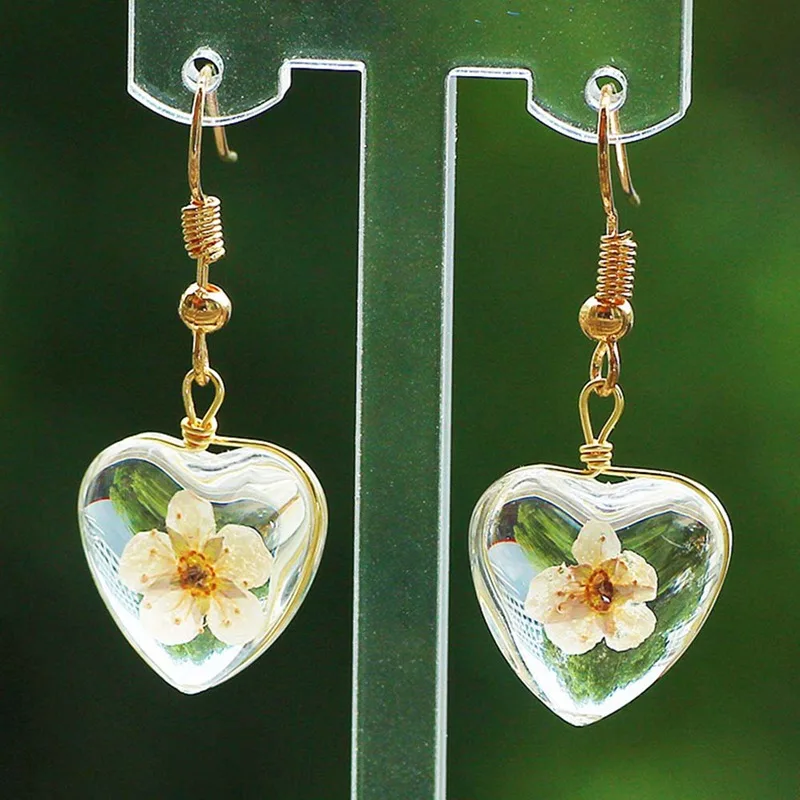 

2018 New DIY Handmade Dried Flowers Transparent Glass Crystal Ball Square Drill Earrings Real Plant Dangle Earrings For Women