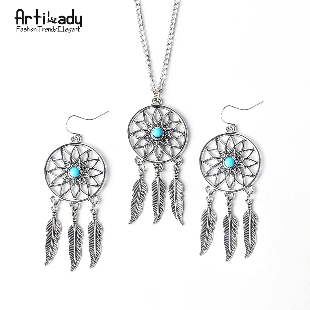 Artilady dream catcher pendant necklace jewelry set vintage leaf tassel
