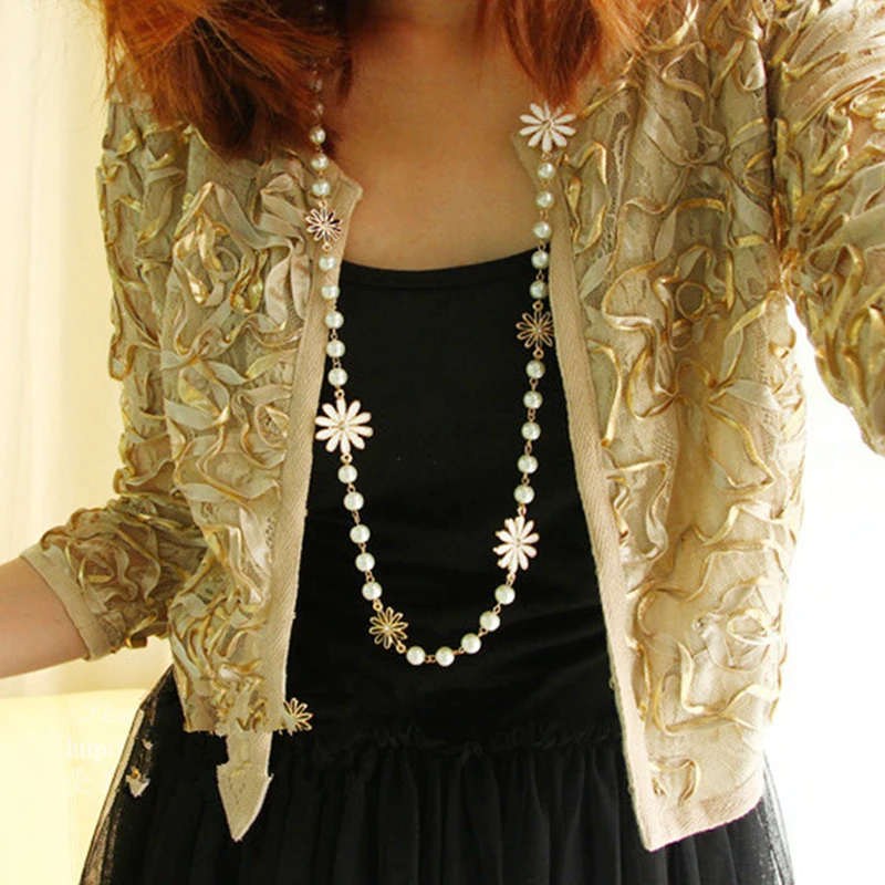 

Hot Fashion Daisy Flowers Imitation Pearl Necklace for Women 100cm Long Chain Sweater Chain Maxi Statement Necklace Jewelry Gift