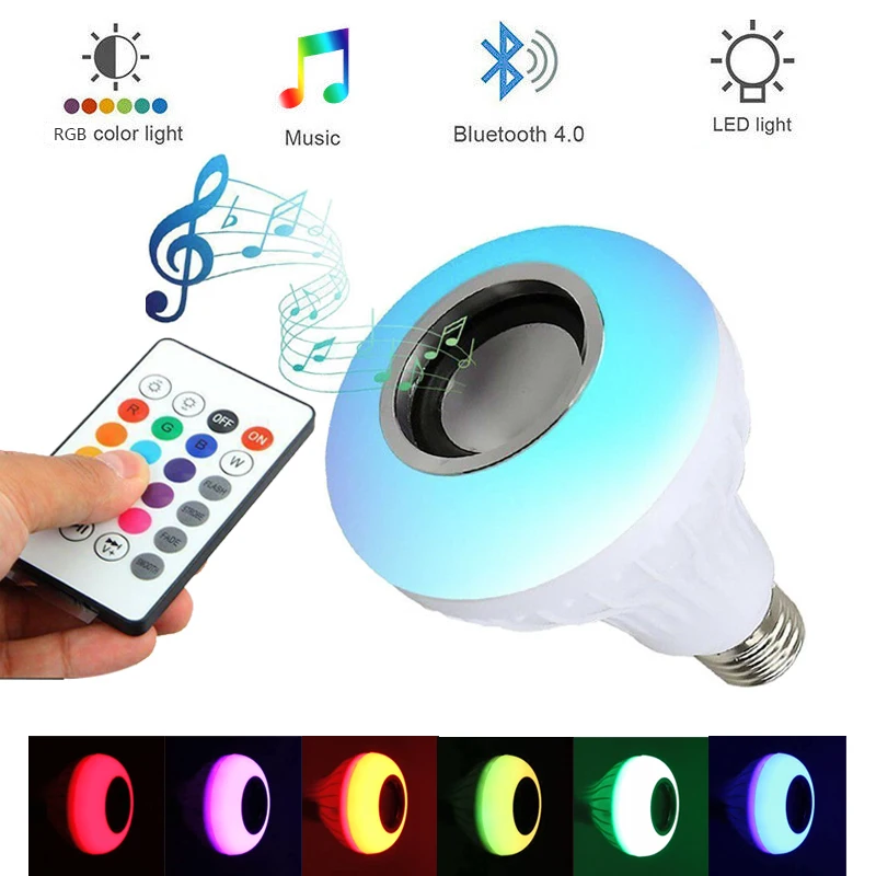 TOOGOO Luz bombilla de color RGB LED E27 12W Lampara de altavoz de audio de musica inteligente control Bluetooth 