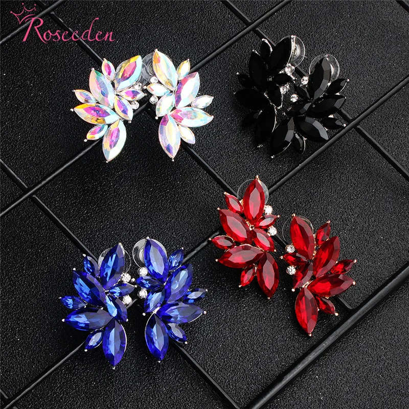 

New Women's Fashion Crystal Earrings Black Red Blue AB Rhinestone Sweet Metal Leaf Earrings For Girl RE3291