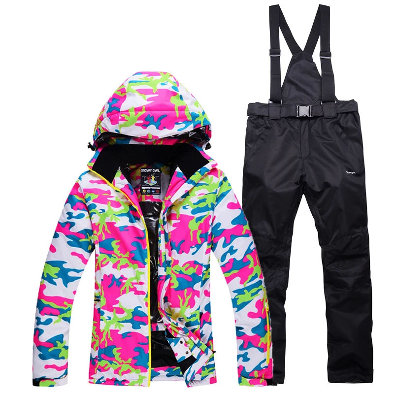 -30 رخيصة التمويه الشتاء الثلوج الملابس النساء التزلج على الجليد دعوى مجموعة يندبروف ماء في الهواء الطلق سترات للتزلج + bisb السراويل