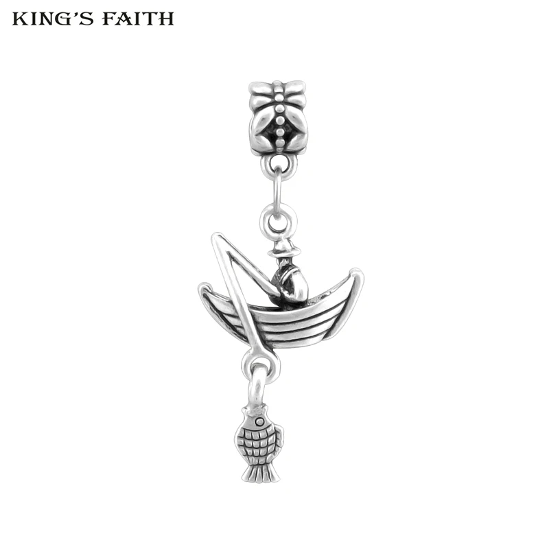 

KING'S FAITH Silver Color Cool Boat Fishing Man Pendant Fit Pandora Charms Bead Bracelets diy Fashion Jewelry Making SPP068