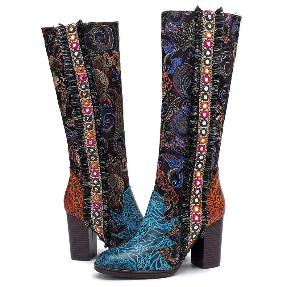 Retro Bohemian Knee High Boots Women Shoes Genuine Leather Cowgirl Women Boots Autumn Winter Vintage Zip Block Colors High Heels (5)