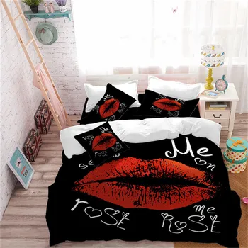 

Girls Romantic Bedding Set Red Lips Duvet Cover Set Letter Print Bedding King Queen Quilt Cover Pillowcase Bedroom Decor D35