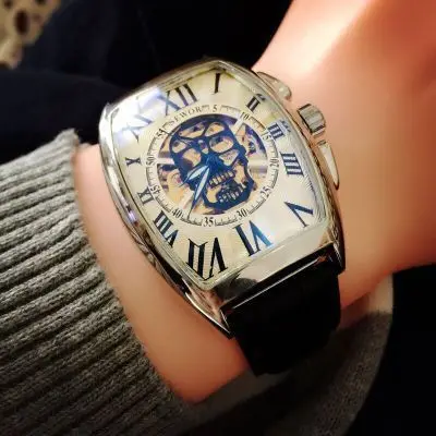 Silver White Black Дропшиппинг Модный золотой корпус мужские часы пустой череп черный циферблат кожаный ремешок автоматические механические мужские часы для мужчин подарок - Цвет: Silver White Black