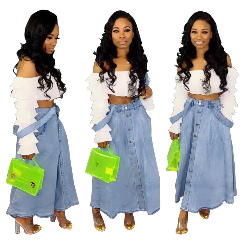 

European and American fashion slim and versatile single-breasted A-line half-length denim strap dress
