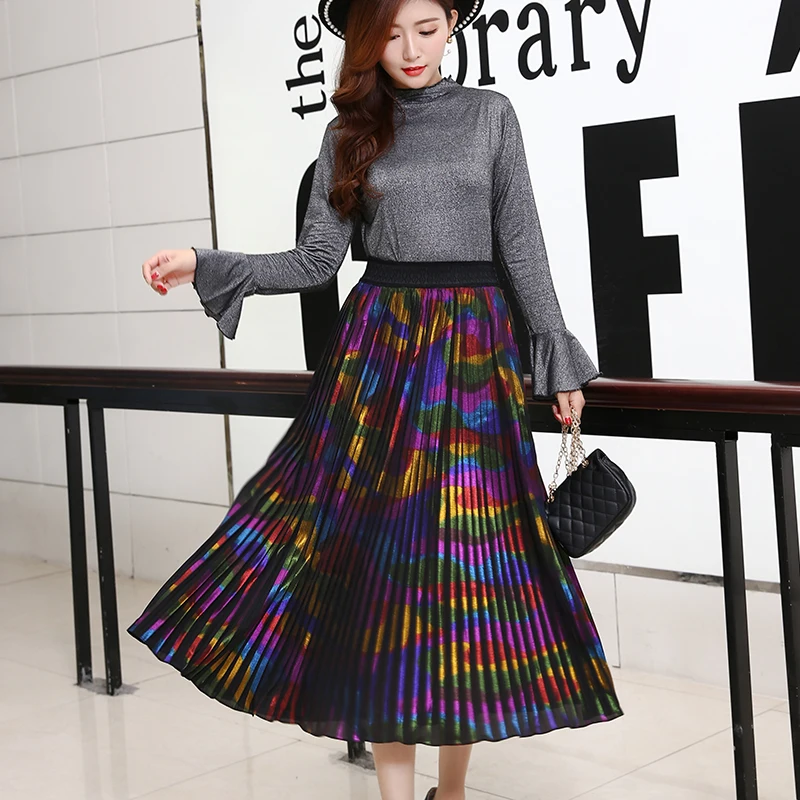 

2019 New Arrival Women Metallic Gold Silver Skirt Midi Skirt High Waist Metallic Pleated Skirt Party Club Ladies Saia Fenimias