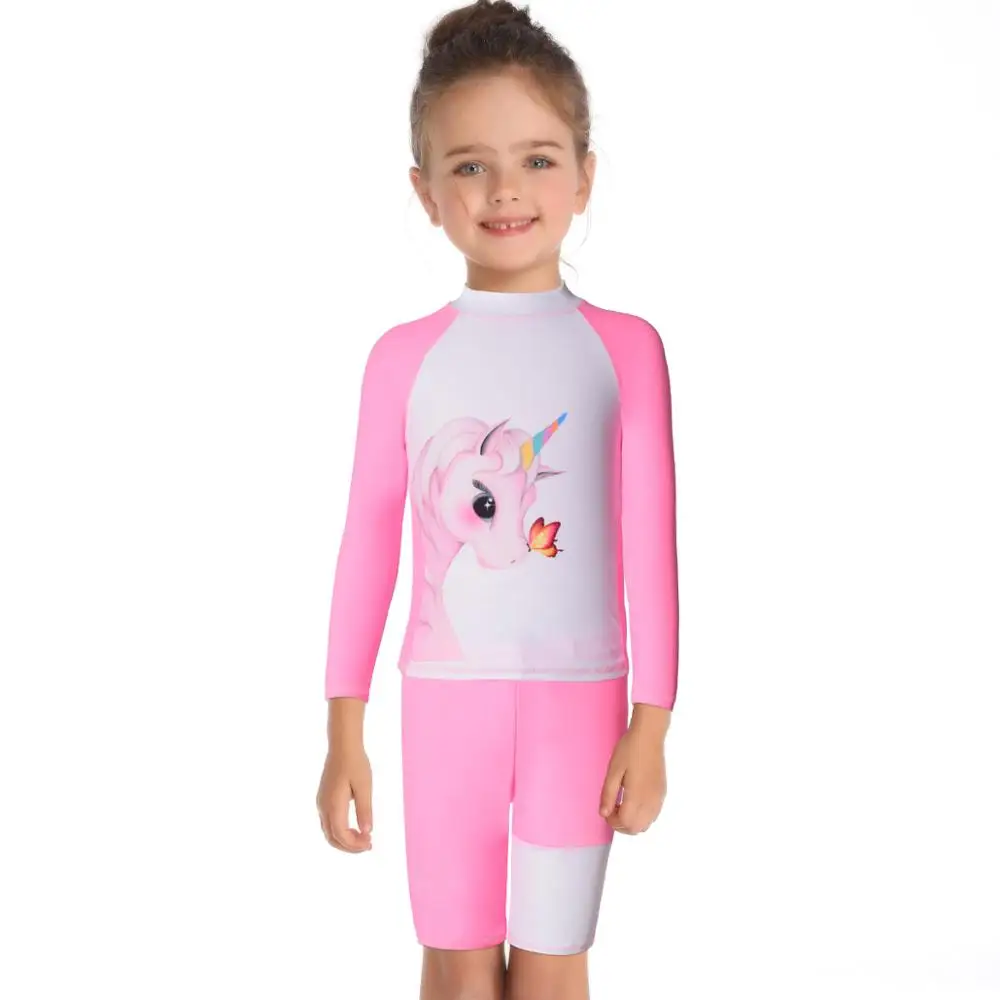 

2019 Girls Two Pieces Swimwear Long Sleeve Bathing Suit Beach Wear Summer Swimsuit Kids Print Bikini Children Student Swimwear