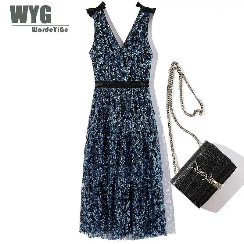 

Self Portrait Runway Sequined Dress Women 2019 Spring WYG New V-neck Bow Hollow Out High Waist Elegant Blue Mesh Sundress