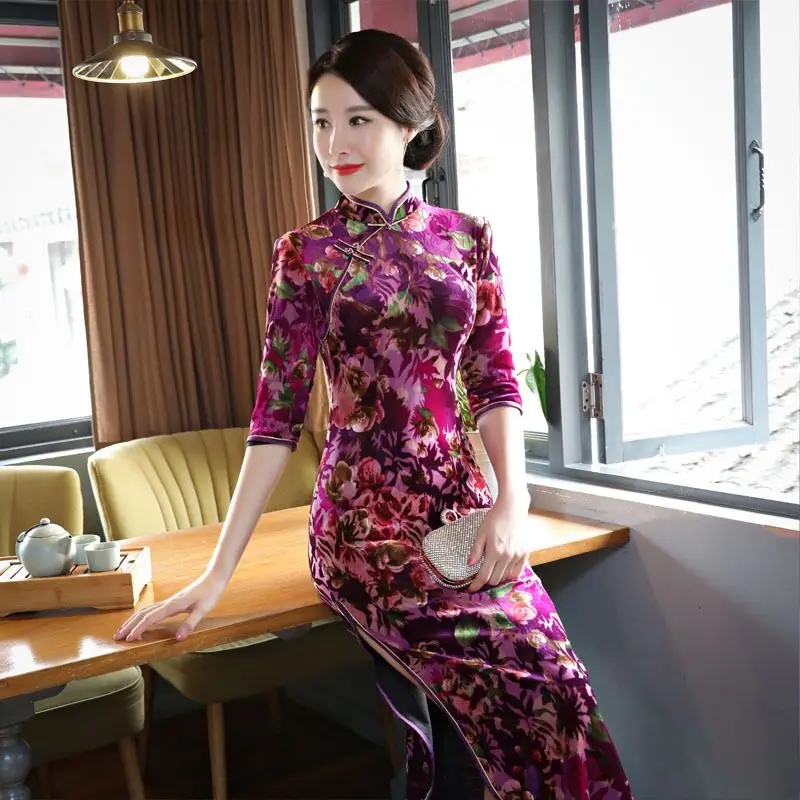 

New Arrival Women's Long Cheongsam Fashion Chinese Style Velour Dress Elegant Slim Qipao Vestido Size S M L XL XXL XXXL 14958
