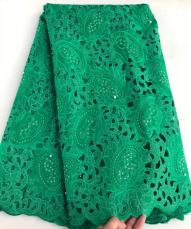 5 ярдов Белое золото Handcut африканская Кружевная Ткань красивая нигерийская одежда кружевная ткань для шитья с большим количеством камней - Цвет: green