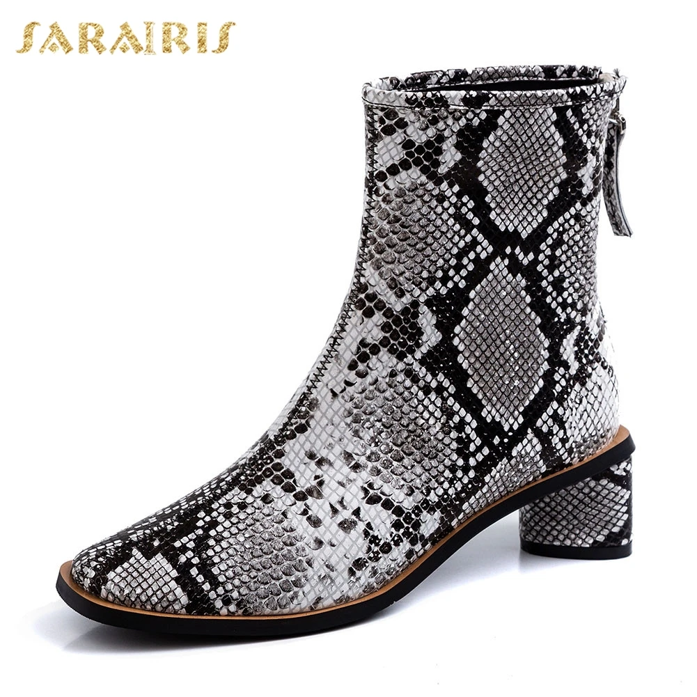 

Sarairis New Big Size 33-41 Snakeskin Pattern Genuine Leather Ladies Chunky Heels Shoes Woman Party Ol Autumn Winter Ankle Boots