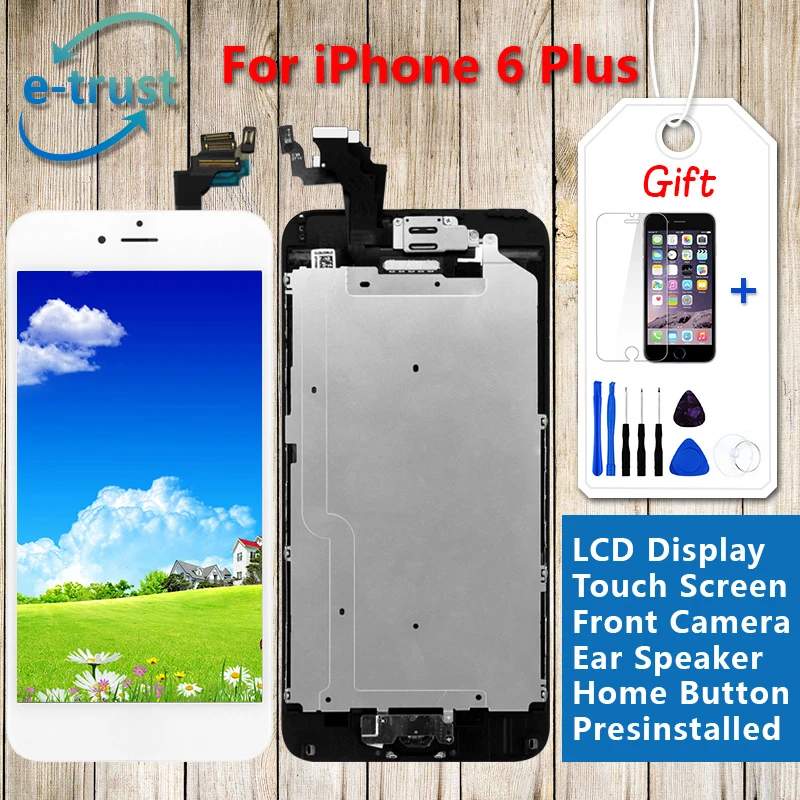 

e-trust 50Pcs/Lot Tested One By One For iPhone 6 Plus LCD Display Touch Screen Digitizer Full Set+Home Button+Camera+Tools AAA++