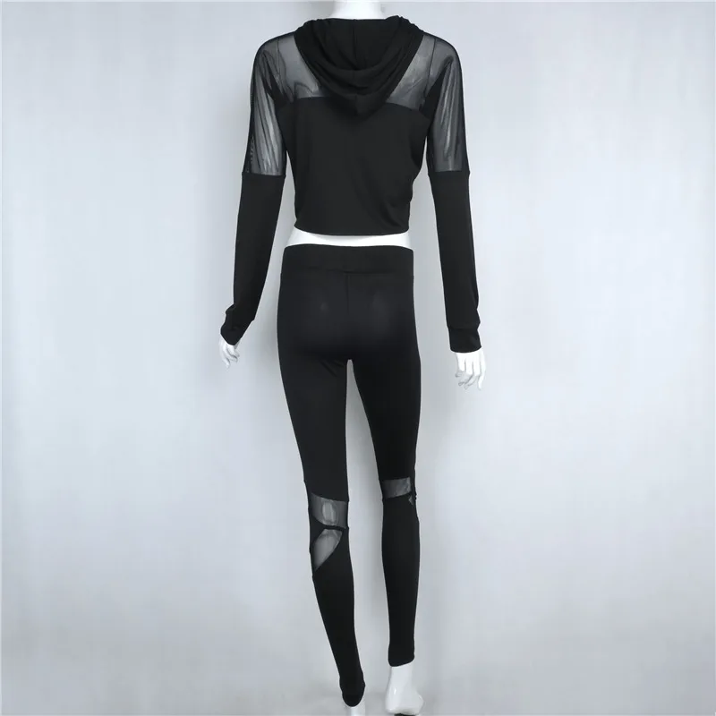 Черный с капюшоном перспективная сетка сексуальный спортивный костюм для женщин Классическая девушка спортивная одежда для тренажерного
