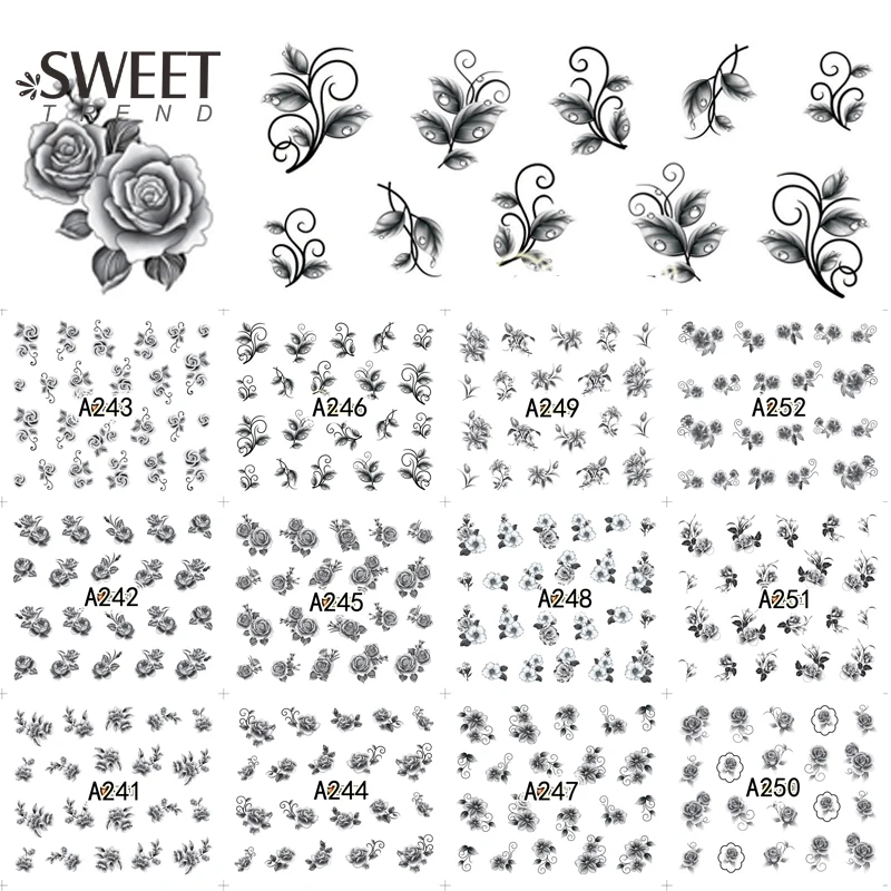 

12Designs Sexy Black Nail Art Flower Decor Water Transfer Beauty Nail Tips Stickers Decals Manicure Styling Tools LAA241-252