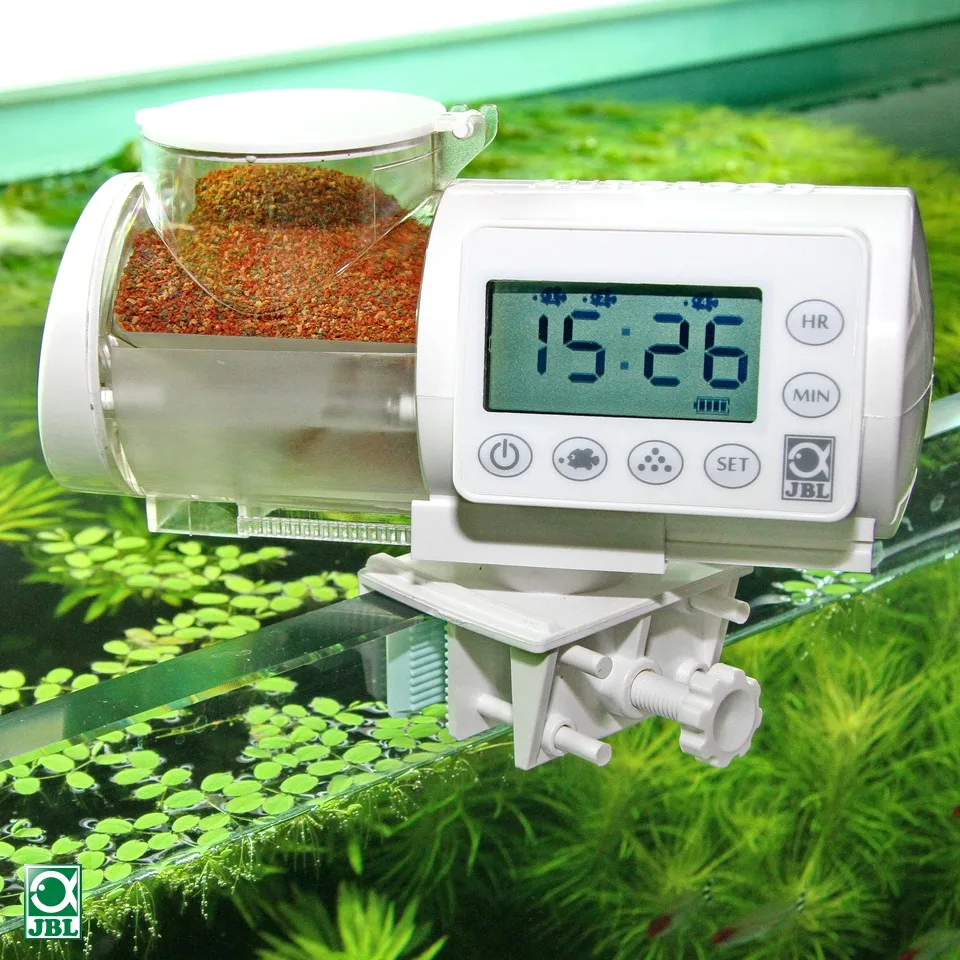 

JBL auto feeder electronic LCD display digital programme fish food feed granules pellets aquarium white black