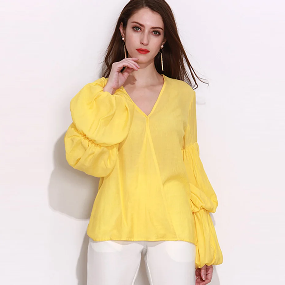 Women Yellow Loose Blouse Shirt Fashion Casual Solid V Neck Long Sleeve