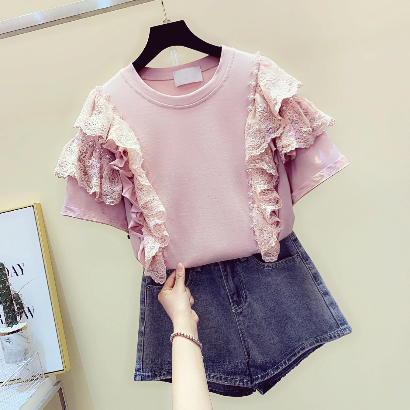 

Summer Blouse Women New Korean Sweet Lace Diamond Beads Short Sleeve Pull Shirt Lady Loose Splice Blouses Blusas Top Nancylim