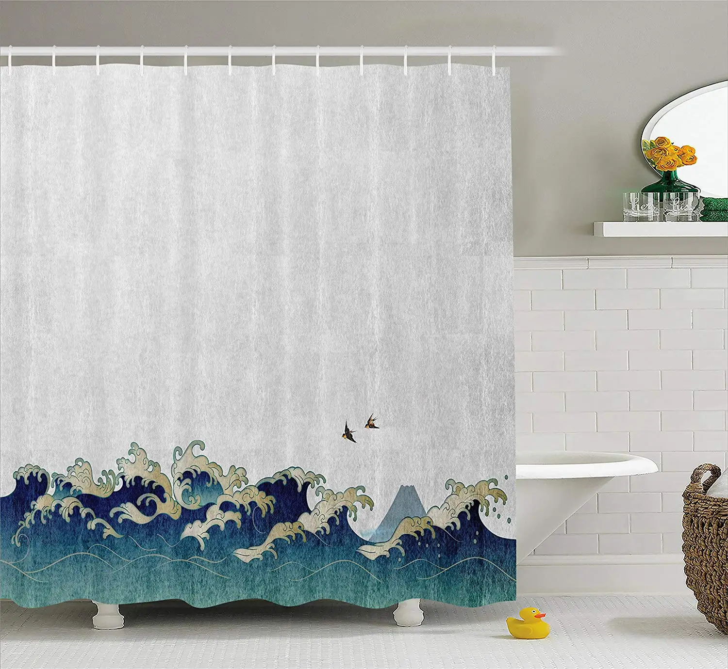 

Japanese Wave Shower Curtain, Aquatic Swirls Flying Birds of Ocean Ukiyo-e Style Artwork Grunge Print