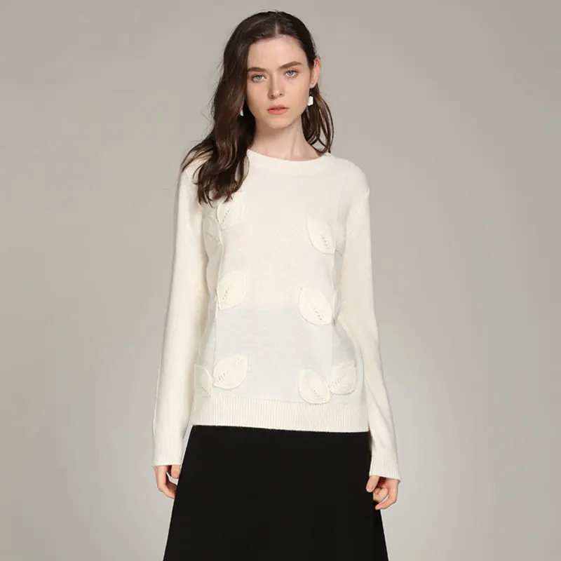 2019 White Cashmere Sweaters Long Leaf Pattern Knitwear Female O Neck Jumper Tops 100% Cashmere 