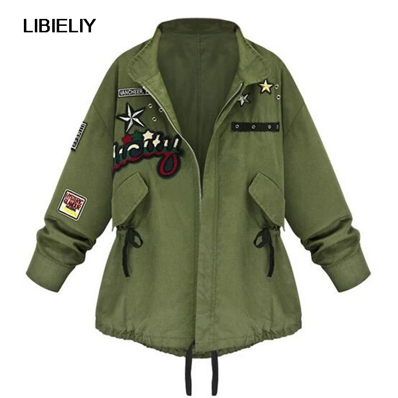 Women Autumn Winter Bomber Jacket Army Green Tops Long Sleeve Slim Turn