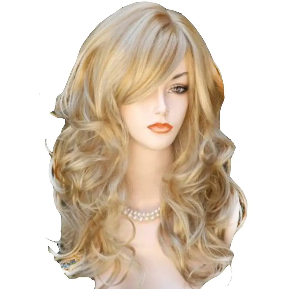 En Ligne QQXCAIW longue ondulée naturelle Blonde 60 Cm perruques de cheveux synthétiques