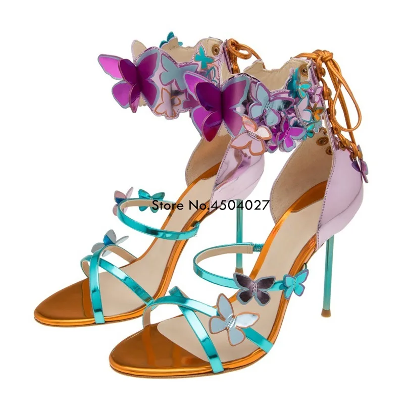 Новинка; Разноцветные туфли на высоком каблуке со шнуровкой, украшенные милыми бабочками, из кожи металлик, с бирюзовым ремешком и