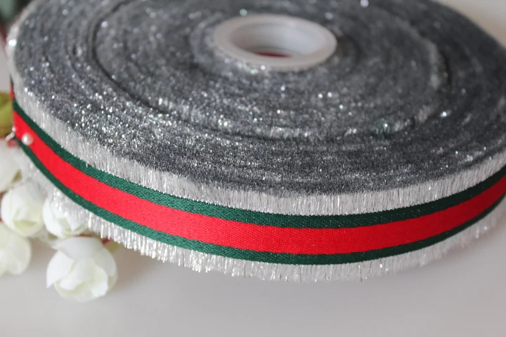 

9yards/lots Woven Jacquard Ribbon 2.5cm-4cm green and red with silver side stripe pattern LS-8979