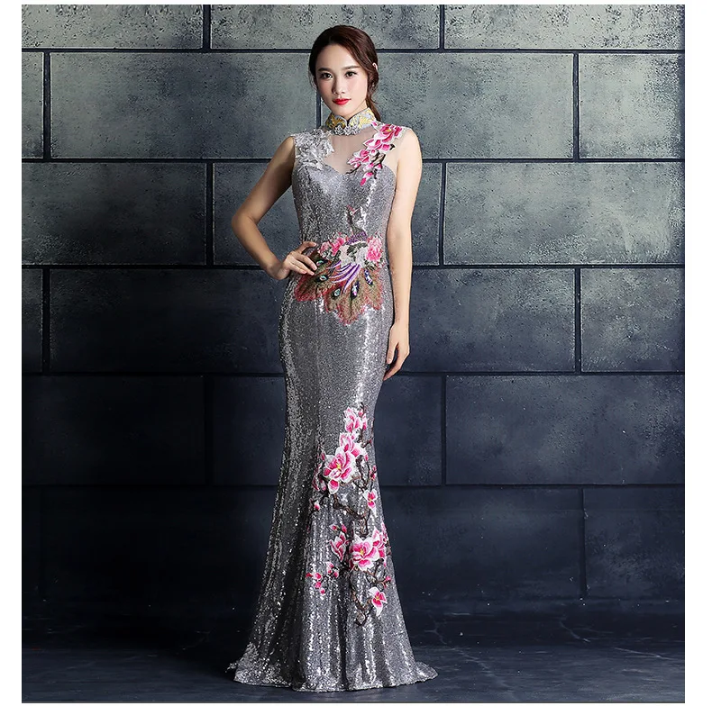 Red Chinese Wedding Dress Female Long Cheongsam Gold Slim Chinese Traditional Dress Women Qipao for Wedding Party embroidery