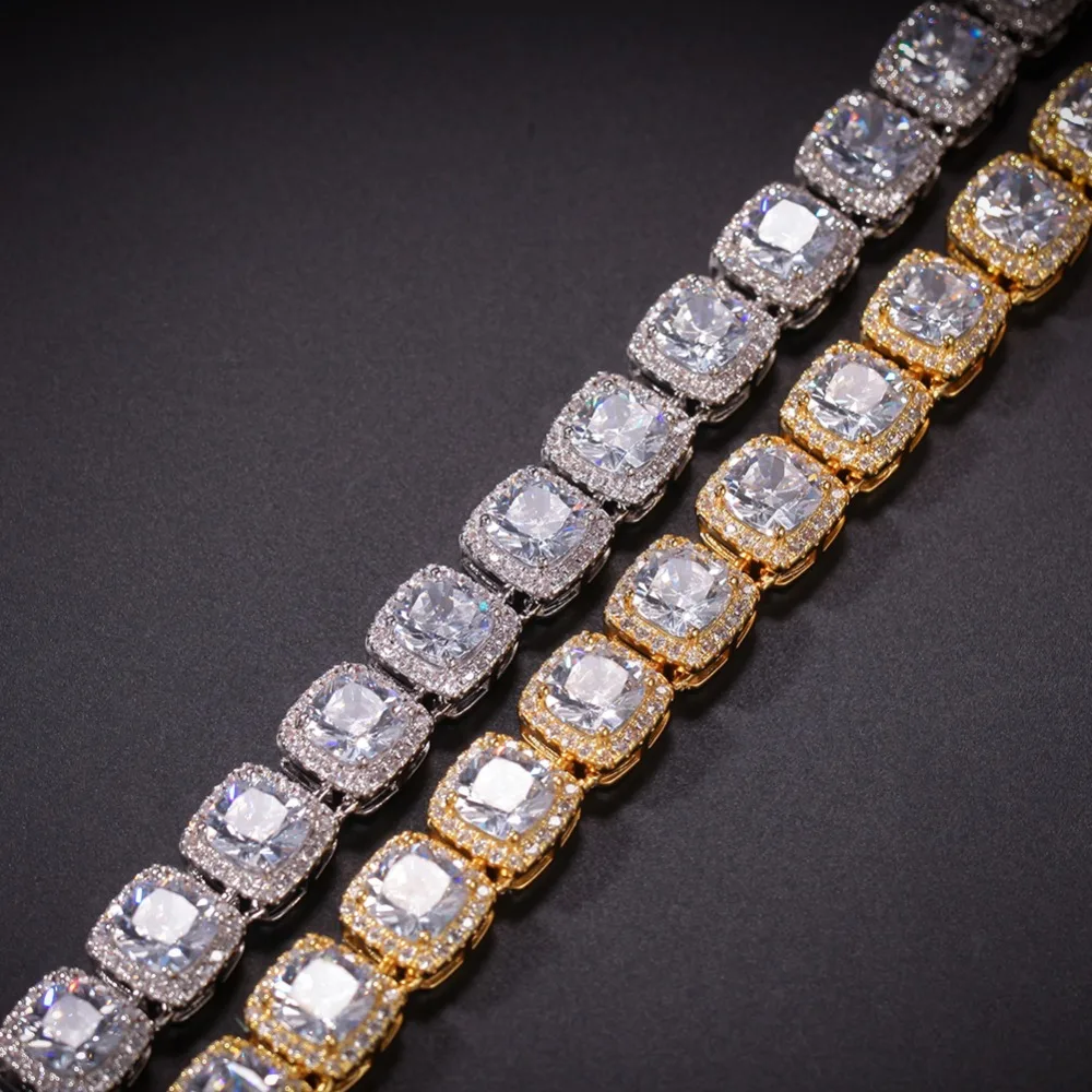 Tanie BLING KING 10mm kwadratowy CZ łańcuszek i zestaw bransoletek złoty kolor srebrny Hip Hop mikro betonowa cyrkonia błyszcząca miedź