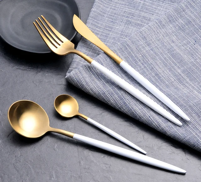 Free Shipping Portugal Pointed Tail Cutlery Hotel 304 Stainless Free Shipping Portugal Pointed Tail Cutlery Hotel 304 Stainless Steel Western Tableware The White Handle Golden Flatware Sets