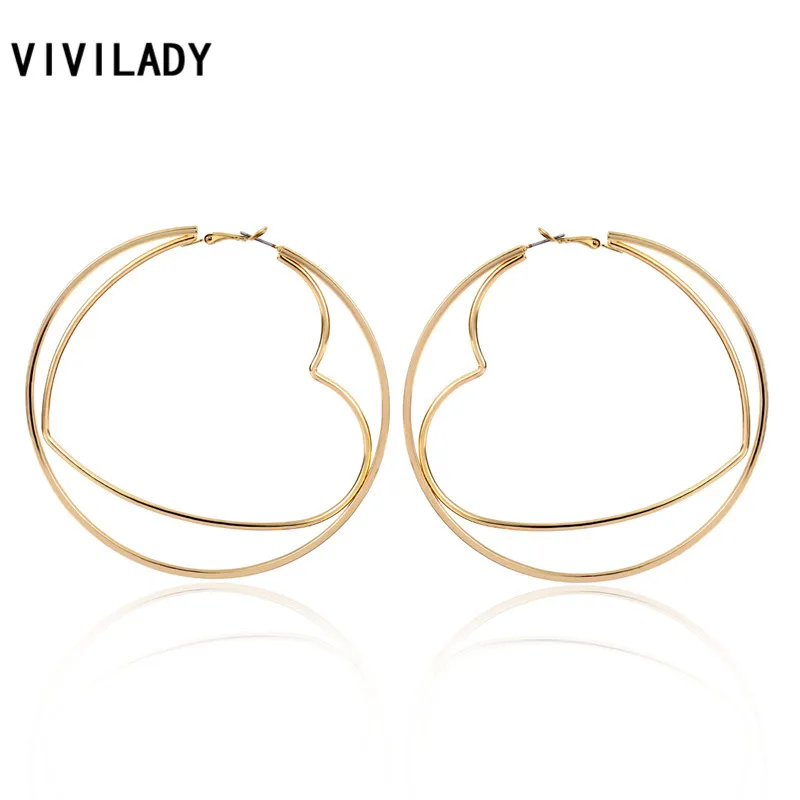 

VIVILADY Hollow Geometric Big Circle Hoop Earrings Hyperbole Minimalist Style Gold Color Alloy Heart Lozenge Brincos Gift