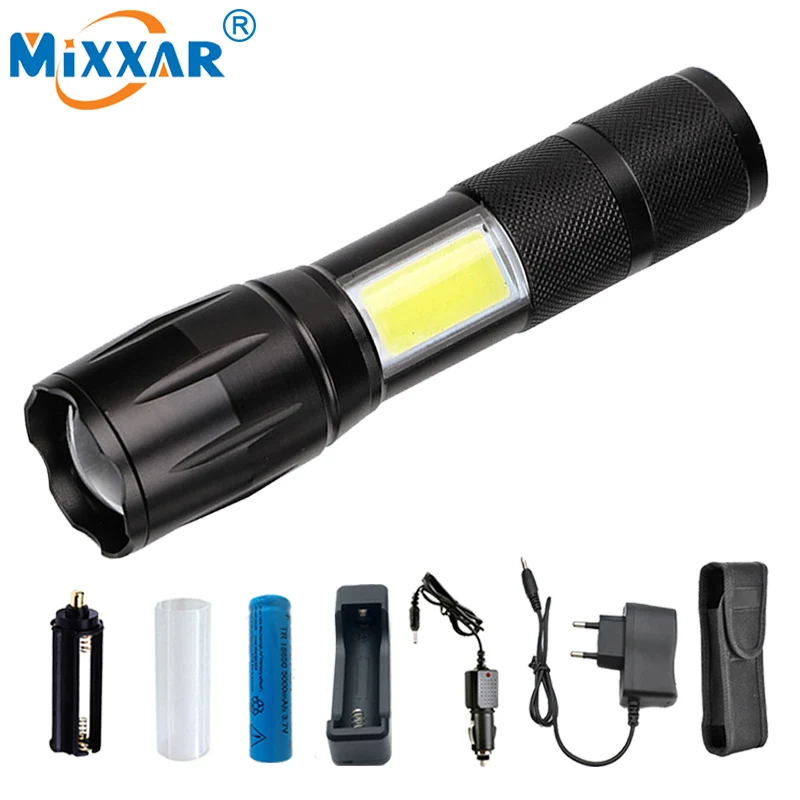 

C Powerful LED flashlight T6 COB 9500LM Zoomable 4 modes Waterproof Outdoor Torch Lamp for 18650 Rechargeable Battery