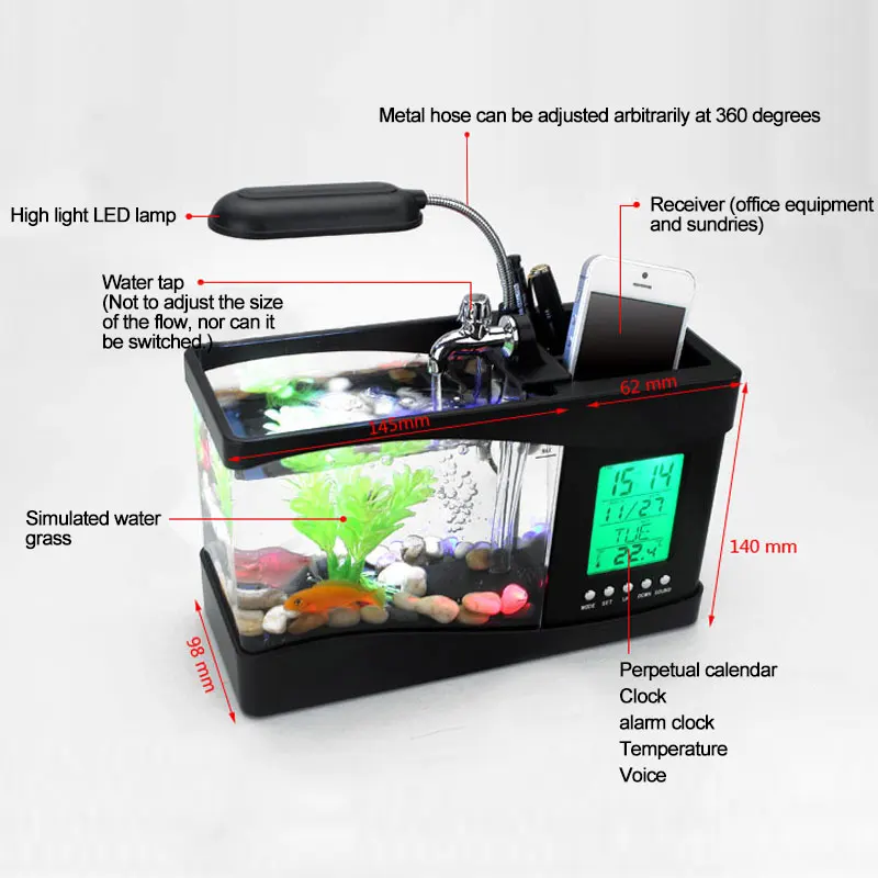 USB настольный мини аквариум черный/белый аквариум с ЖК-дисплей светодиодный экран лампа свет и часы аквариум