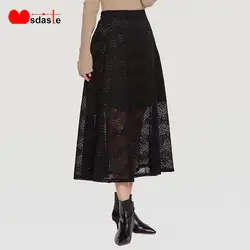 Кружевные женские юбки двухслойные 2019 новые модные повседневные трапециевидные юбки с высокой талией ампир элегантный дизайн черный цвет