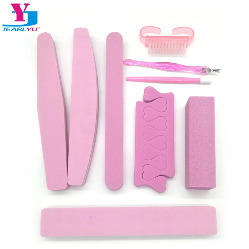 9pcs/Set Pink Nail Files Brush Durable Buffing Grit Sand Cuticle Pusher