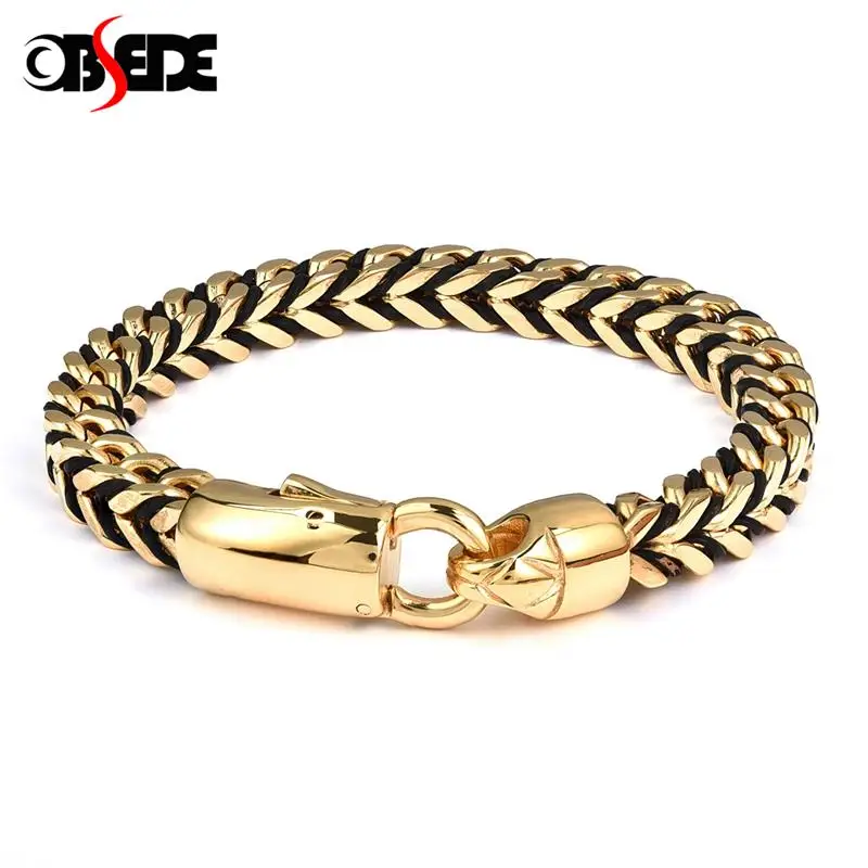 

OBSEDE Fine Jewelry For Men Personality Titanium Steel Gold Link Chain Bracelet Punk Rock Biker Motor Style 220mm Gift