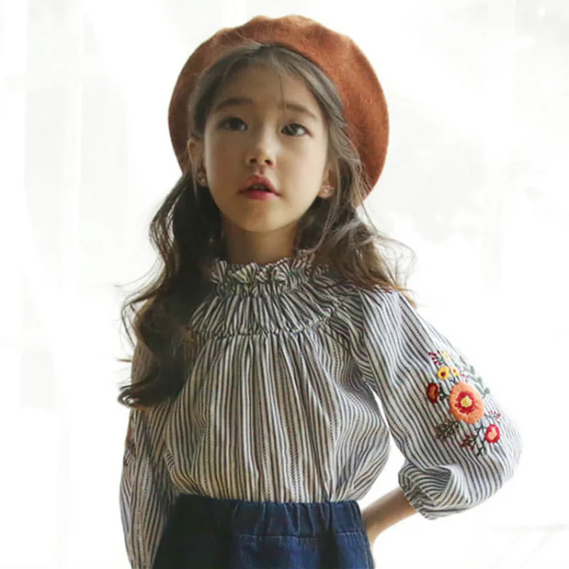 New 2018 Cotton Baby Girls Stripe Blouses Kids Flowers Blouses Children