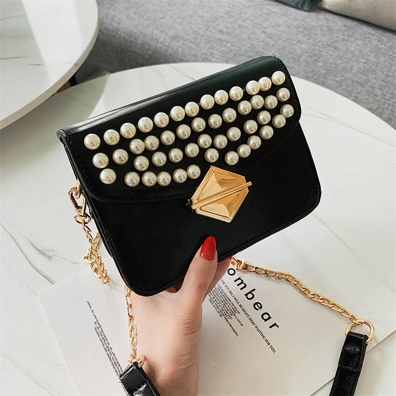 

Female Pearl Messenger Bag 2019 Summer Quality PU Leather Women Designer Handbag Lock Chain Ladies Shoulder bag small Flap bags