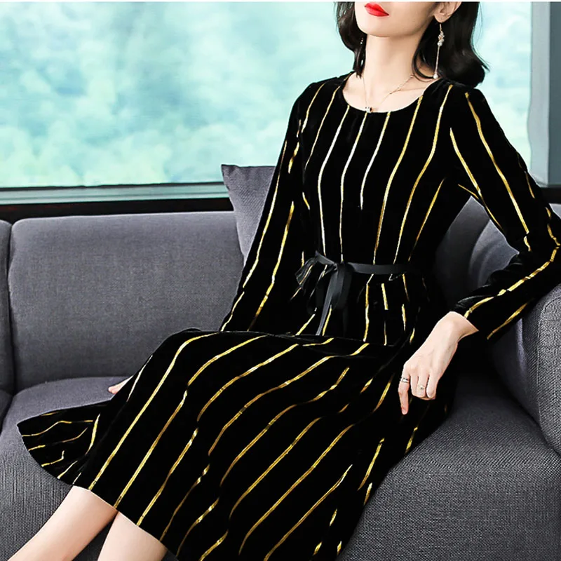 

Spring Fall Fashion Women Golden Striped Sash High Waisted Black Velvet Dress , Woman Autumn Long Sleeve Loose Velour Dresses