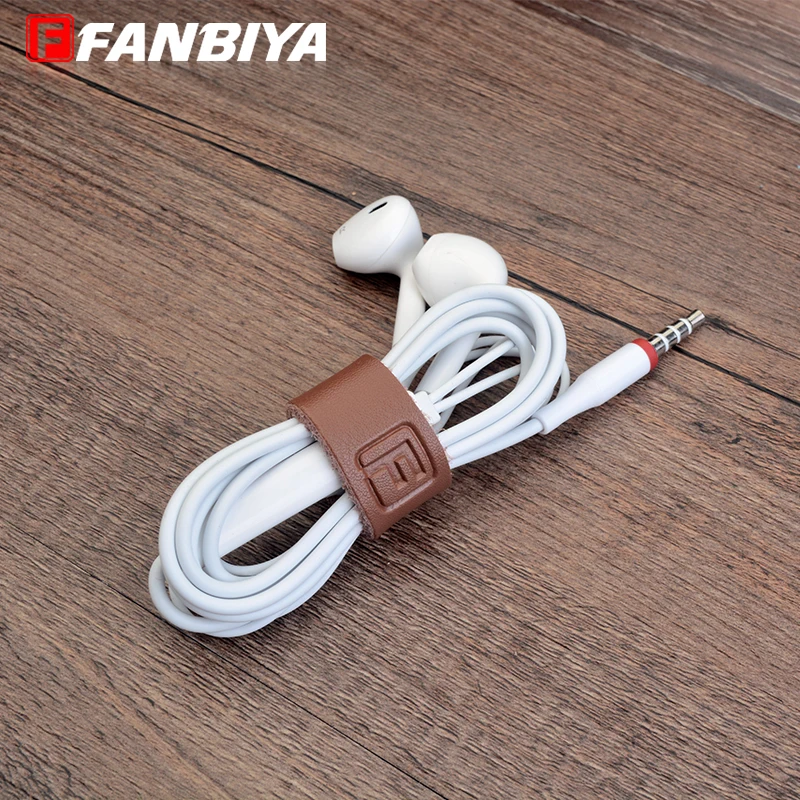 FANBIYA 50pcs Earphone Genuine Leather Buckle Winder Cord Headphone USB