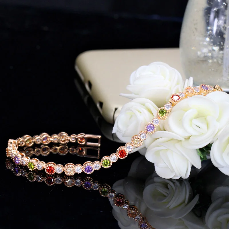 Пера Модные женские многопараметрический Цвет с твердым покрытием подключен круглый кубический цирконий розовое золото, Цвет браслет для невесты, ювелирное изделие, подарок B129
