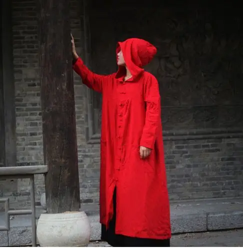 

2017 Spring Autumn Hooded Trench Coat Chinese Style Vintage Outerwear Long Plus Size Feminine Coat Cotton Linen Breif Trench