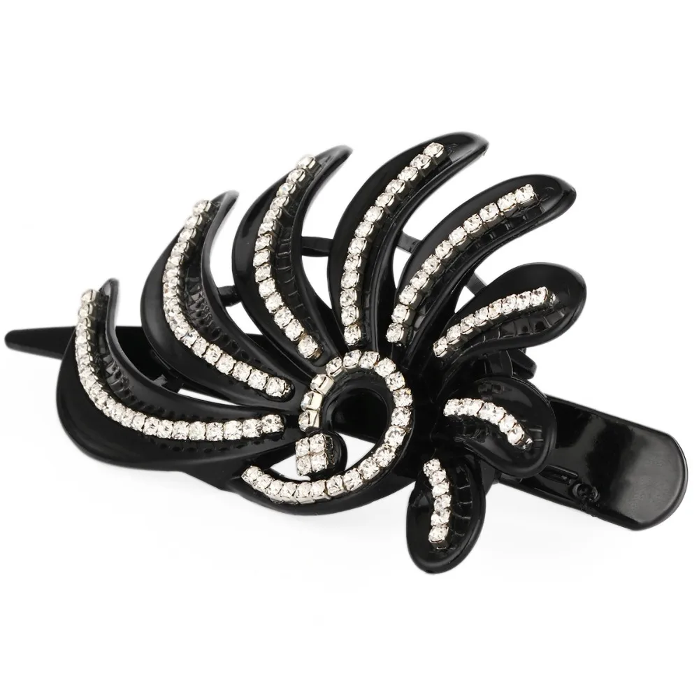 Unique Women Black Peacock Hair Barrette Crab Rhinestone Hair Pins