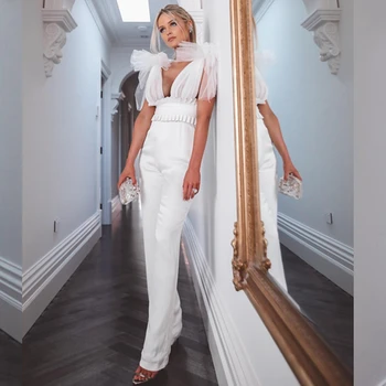 

2019 New Arrival Short Sleeve Lace Sexy V Neck Backless Bandage Jumpsuit Hollow Out Celebrity Party Clubwear Wholesla Mesh