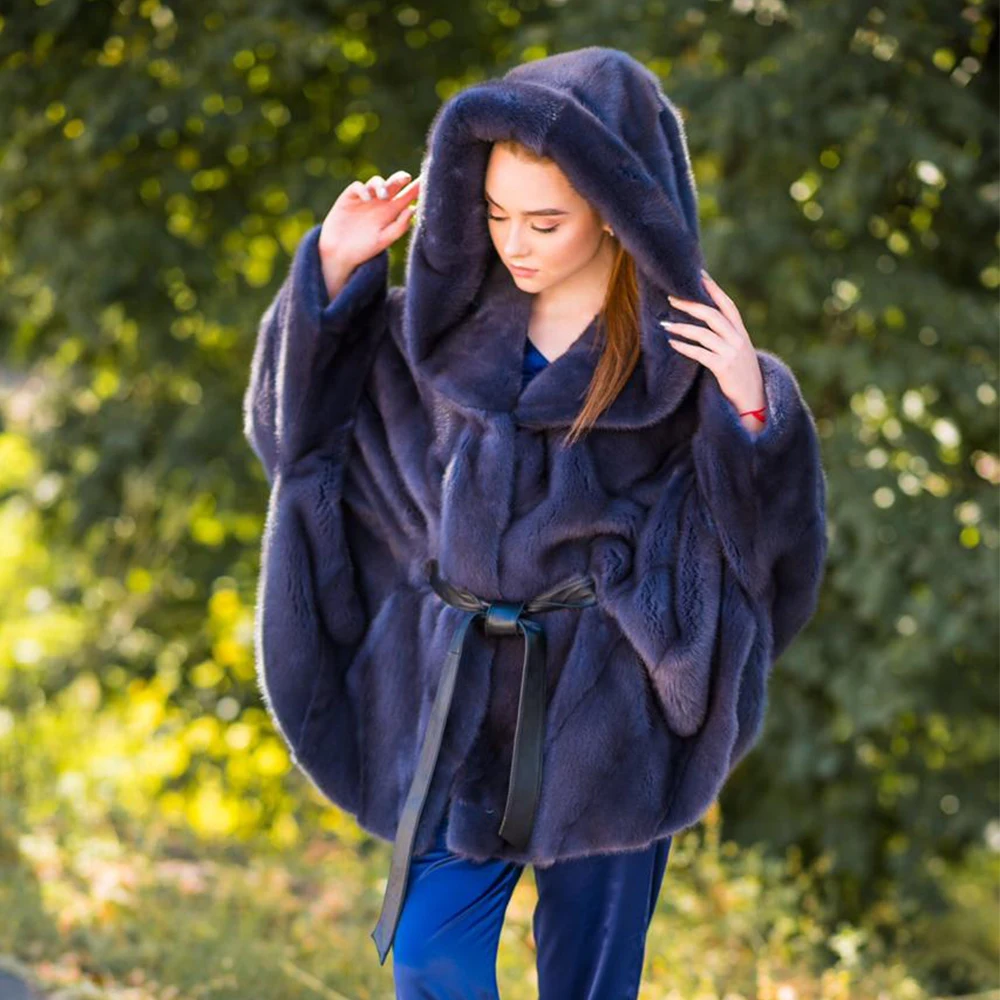

BFFUR Women Natural Mink Fur Coat Batwing Sleeve Outfit With Belt Female Luxurious Real Mink Fur Coats Jacket Russian Winter