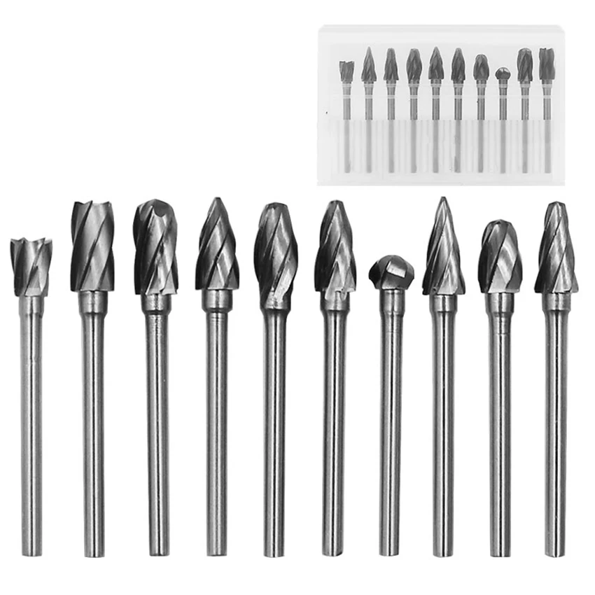 10pcs/set Coarse-tooth Carbide Tungsten Steel Single-cut Rotary Files Metal Grinding Woodworking Tools Carving Head 3MM Handle |