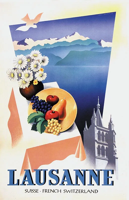 Vintage Swiss Travel Poster 1950s Lausanne French Switzerland Lake Geneva Retro 