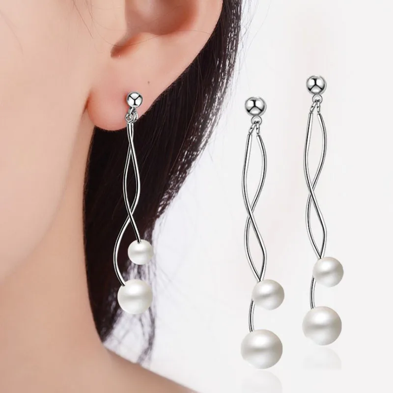 

KOFSAC Classic Design Pearl Wave Type Ear Line Earring Fashion 925 Sterling Silver Stud Earrings For Women Elegant Jewelry Gift